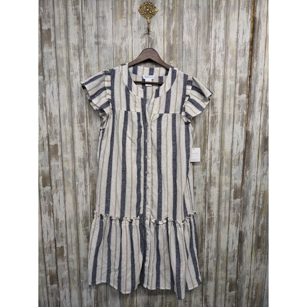 Cynthia Rowley Linen Prairie Shift Dress Striped Button Ruffle Flutter XS NWT